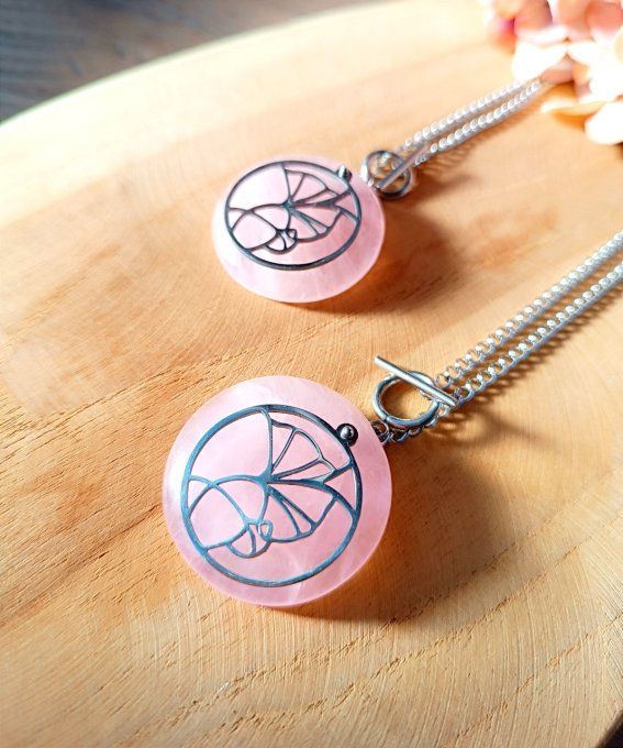 Sautoir quartz rose feuille de Ginkgo 