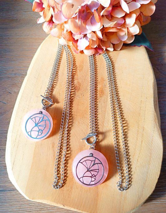 Sautoir quartz rose feuille de Ginkgo 