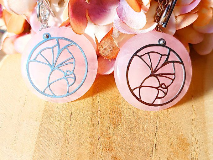 Sautoir quartz rose feuille de Ginkgo 