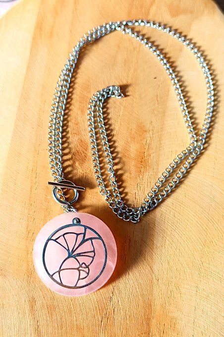 Sautoir quartz rose feuille de Ginkgo 